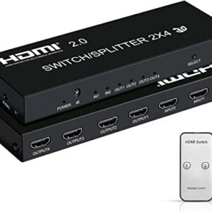 4K HDMI Switch Splitter 2 in 4 Out with Remote, 2x4 HDMI Splitter Switcher 4K with SPDIF & 3.5mm Audio,Support 4K,3D,1080p,HDCP2.2,HDR 10 for PS4,Xbox,Fire Stick,etc