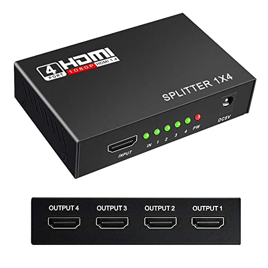 1 in 4 Out HD 1080P 3D 1.4 HDMI Splitter Duplicator Amplifier Switch AC Adapter - Black