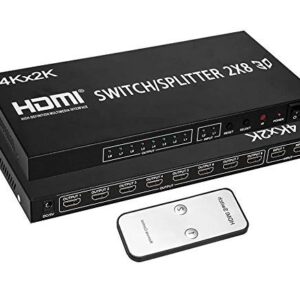 2x8 HDMI Matrix Switcher 2 in 8 Out Splitter 4Kx2K Active Amplifier Extender Ultra HD 1080P 3D Audio Video Selector with IR Remote Adapter for HDTV PC Projector Sky Box PS4