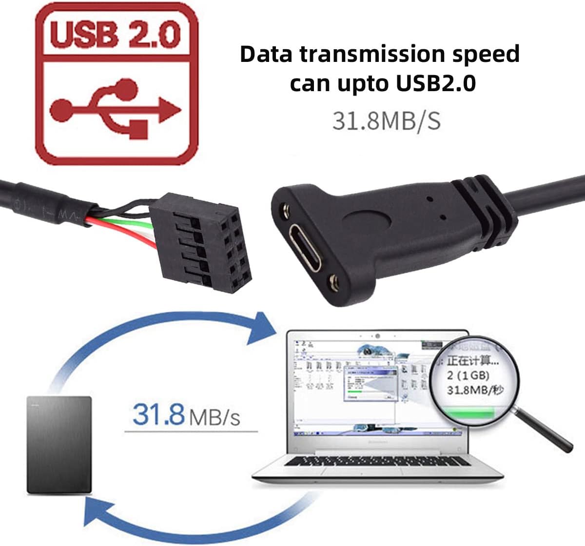 foxaa Single Port USB 3.1 Type C USB-C Female to USB 2.0 Motherboard 9pin 10pin Header Cable with Bracket 20cm - Image 4