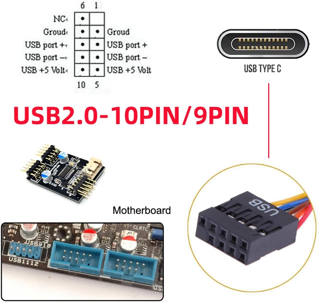 foxaa Single Port USB 3.1 Type C USB-C Female to USB 2.0 Motherboard 9pin 10pin Header Cable with Bracket 20cm - Image 6
