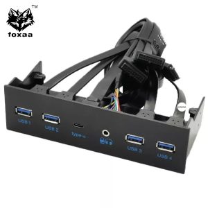 5.25" Front Panel USB Hub with Type-C & Audio Jack – 4-Port USB 3.0, Type-C, Headphone/Mic Jack – Internal Front Bay Expansion for Desktop PC