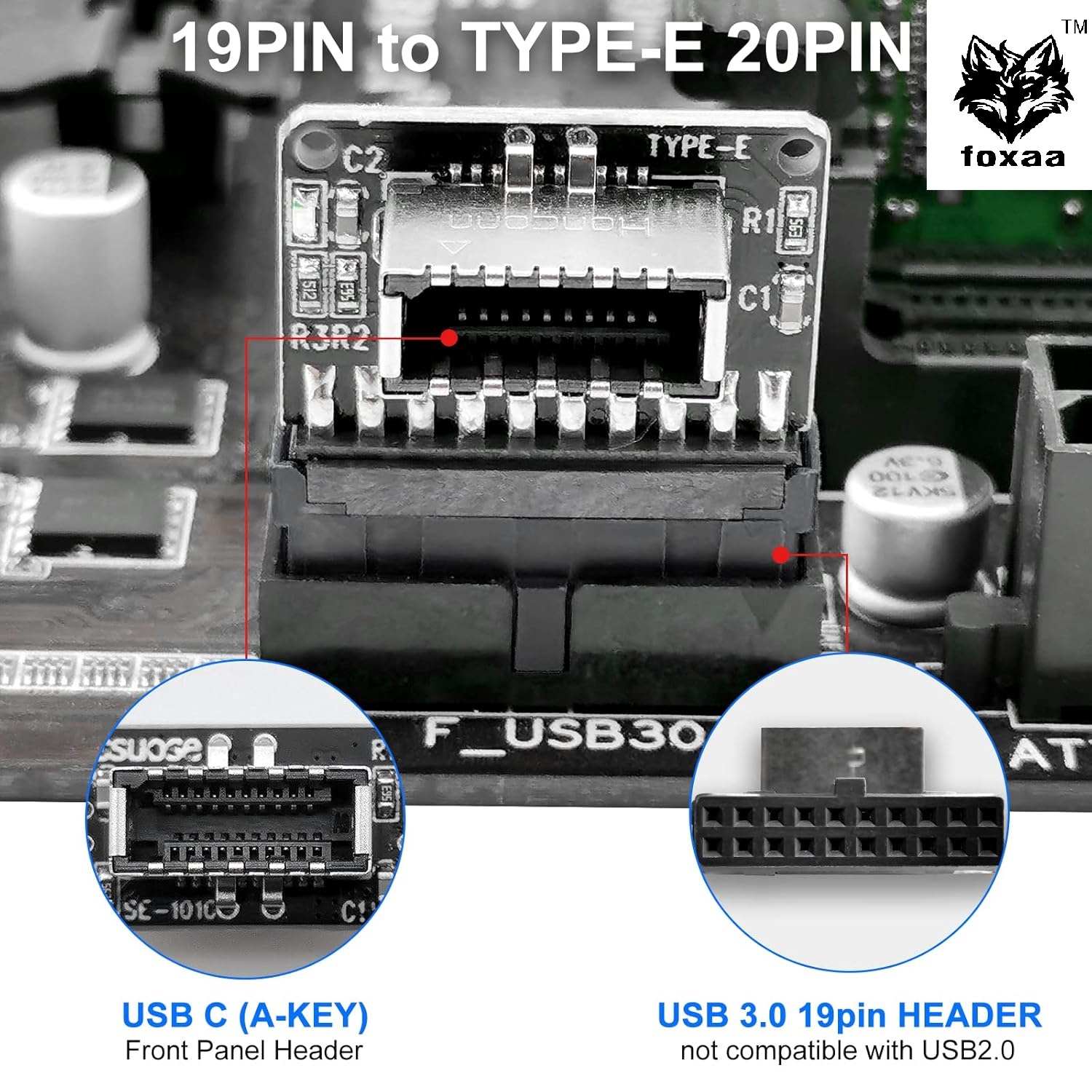 foxaa USB C Front Panel Adapter, USB 3.1 (3.1/3.2 Gen 2) Type-E Female to USB 3.0 20Pin Male Header Adapter Extension Card for Type C Motherboard - Image 3