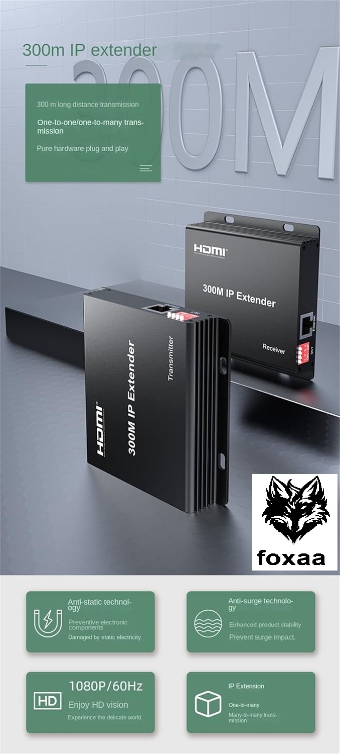 foxaa 300M IP Extender, HDMI Extender over IP RJ45 Cat6 Cable 1080P HDMI to Ethernet Network Extender Support One TX to Many RX via Network Switch (TX+RX) - Image 9