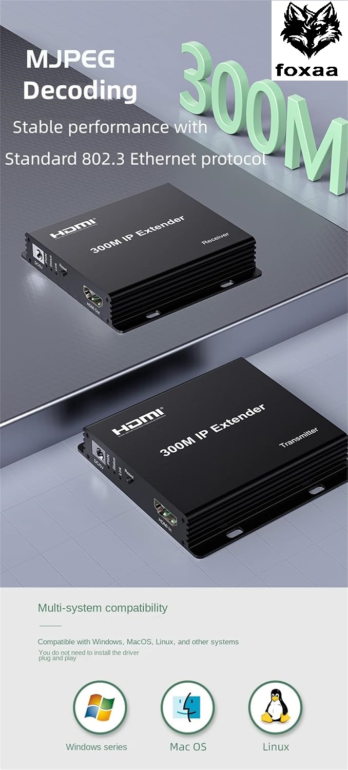 foxaa 300M IP Extender, HDMI Extender over IP RJ45 Cat6 Cable 1080P HDMI to Ethernet Network Extender Support One TX to Many RX via Network Switch (TX+RX) - Image 10