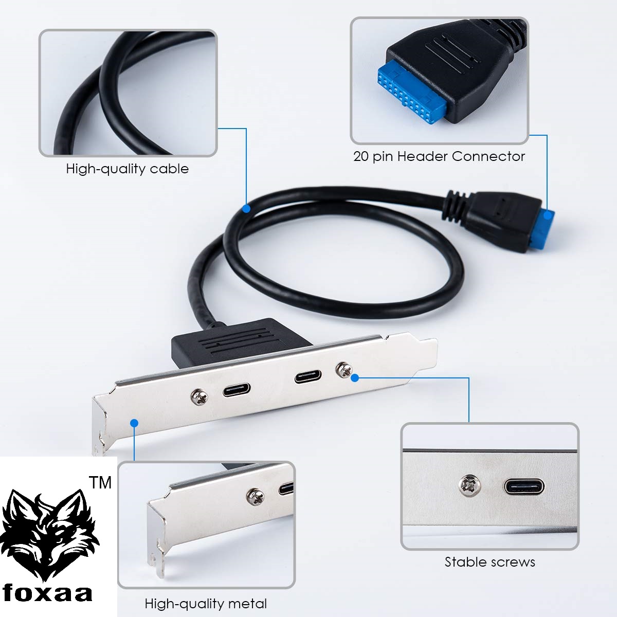 USB 3.1 Type C Female 2 Port Back Panel to MB 20Pin Header Connector Cable Adapter with Extension Cable PCI Slot Plate Bracket (2 Port) - Image 2