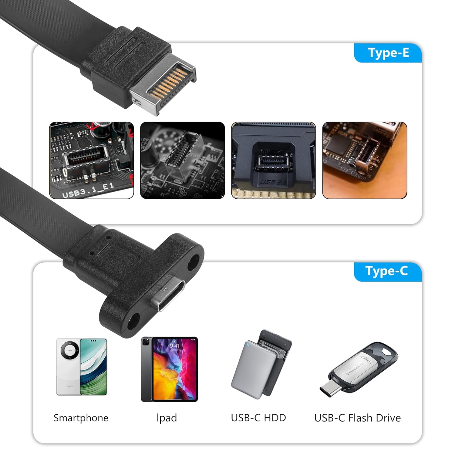 USB 3.1 Front Panel Header Type-C Extension Cable with Panel Mount Screw 10 Gbps Type-E 20Pin Male to USB-C Female Cable with Half Height Bracket,30cm/11.8inch (Half Height 1 Port)(Small Bracket) - Image 2