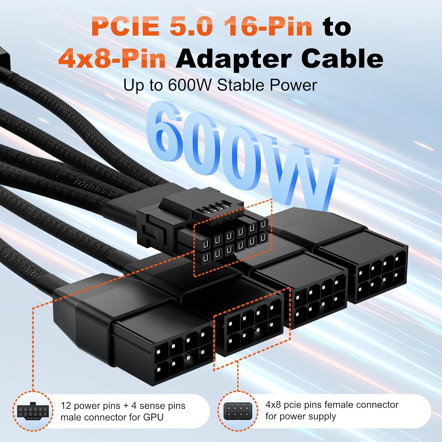 16AWG 12VHPWR 4x8Pin to 16Pin (12+4) GPU Power Cable for NVIDIA RTX RTX4070 RTX4080 RTX4090 RTX5070 RTX5080 RTX5090 PSU Sleeved Extension cable Heavy Duty - Image 4